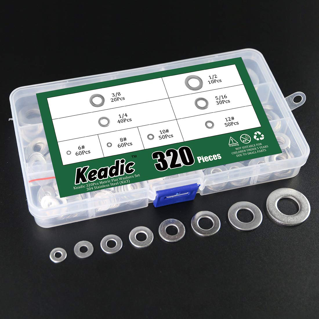 Keadic 320Pcs Flat Washers Set Stainless Steel, 8 Sizes - 1/2 3/8 5/16 1/4 12# 10# 8# 6# Hardware Gasket Assortment Kit (Kit3) image number 4