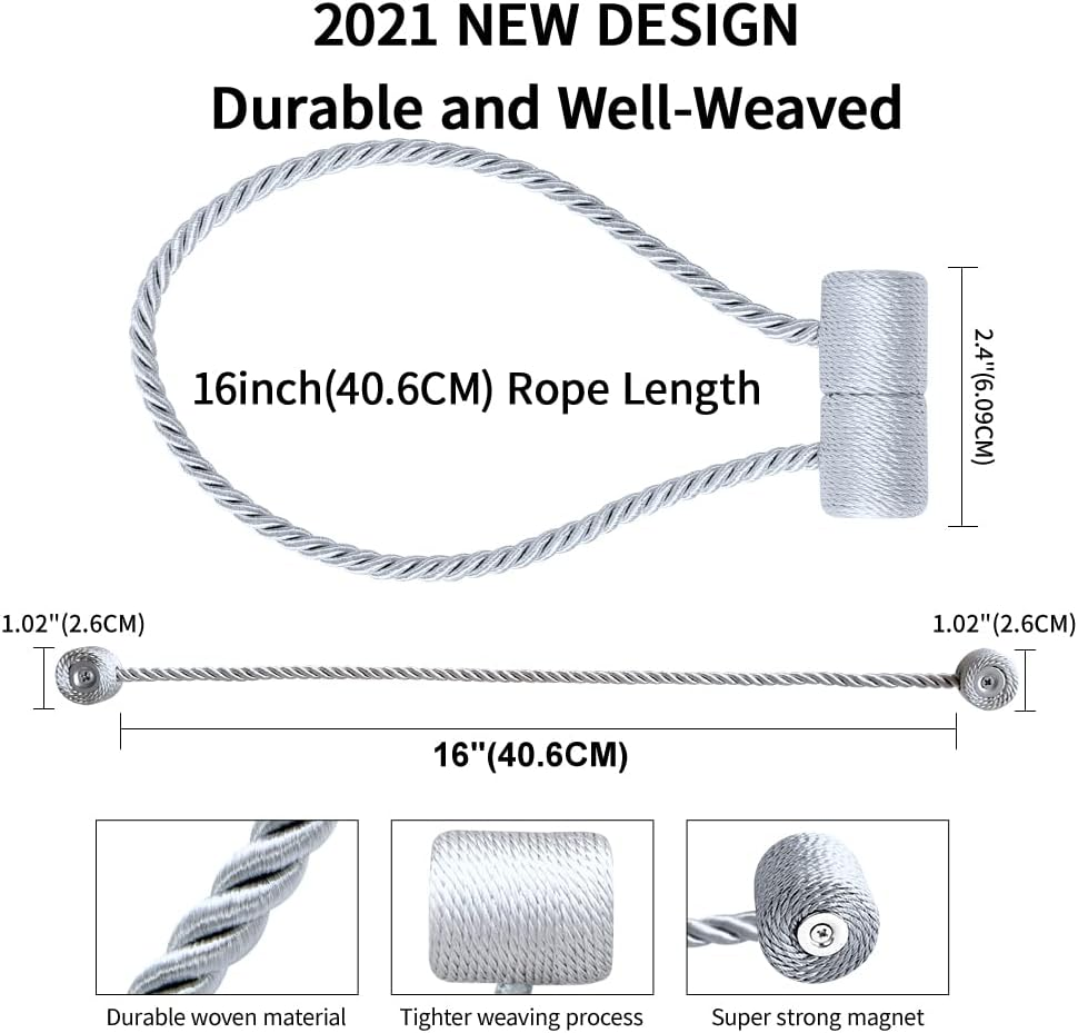 18 Inch Strong Magnetic Curtain Tiebacks, Curtain Holdbacks Modern Upgrade Strong 2021 New Twisted Style Decorative Drapery Rope ​Tie Backs(4 Pack Silver Grey) - 4, Beige image number 5