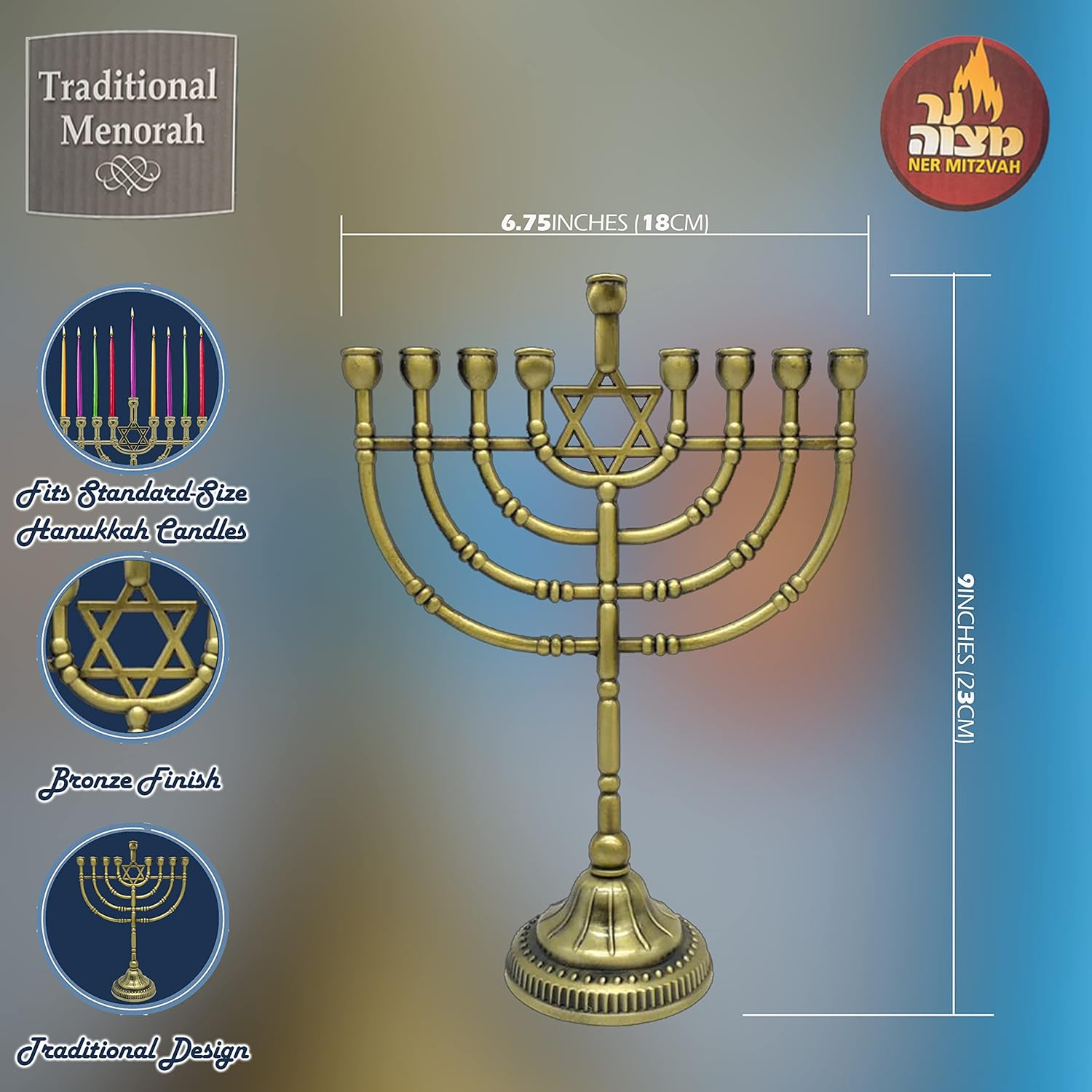 Ner Mitzvah Traditional Bronze Candle Menorah Chanukah Candles - Traditional Rounded Branches - Hanukkah Menorah image number 5