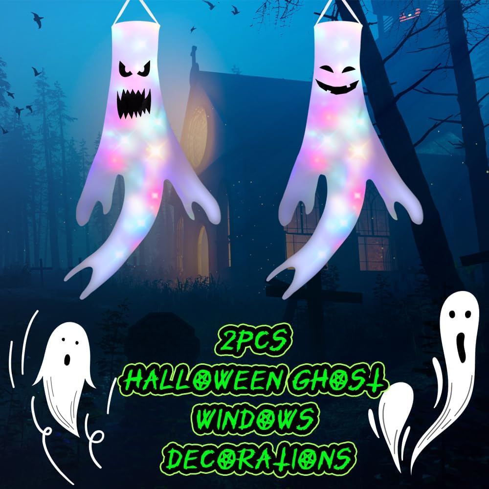 AUTOWT 2 PCS Halloween Ghost Windsocks with LED Lights, 51 Inch Light up Scary Hanging Ghost Windsocks Decor, Halloween Decorations for Home Indoor Outdoor Yard Party Supplies image number 3