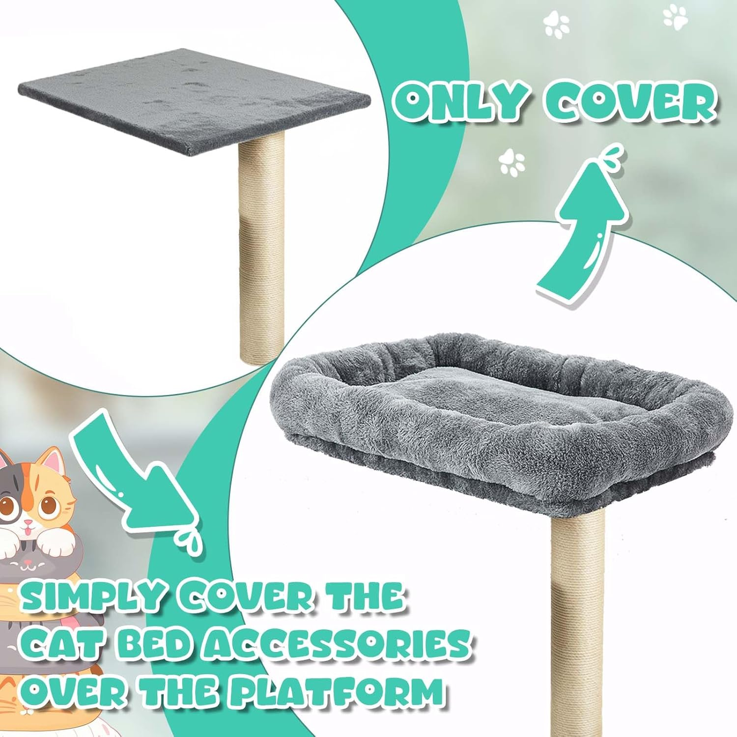 Abbylike 2 Pcs Cat Tree Tower Replacement Parts Grey Bed Cover with Elastic Band Removable Washable Padding for Platform Perch Shelves, Only Cover, Cat Tower Cushions Accessories(15.7 X 11.8 Inch) image number 2