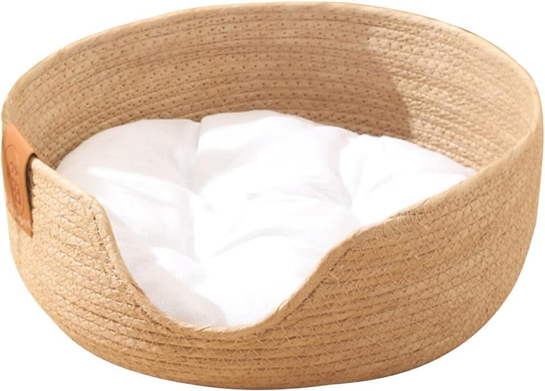 Cat Beds for Indoor Cats :Bed Cat Sleeping Nest for Indoor Small Cats Kitten round Straw Woven Cat Bed with Removable Pad Semi-Enclosed Breathable Basket image number 1