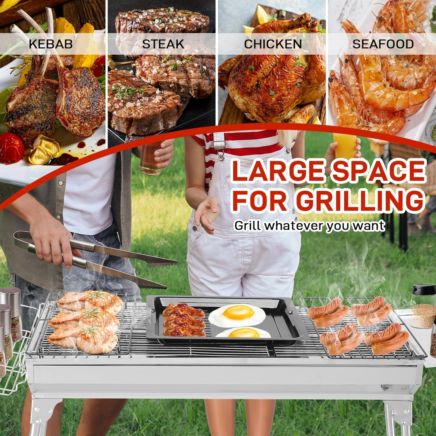 Large Stainless Steel BBQ Charcoal Grill, 39 X 12X 28" Portable & Foldable Barbecue Grill, Outdoor Patio Garden Heating Smoker for Cooking Camping Hiking Picnic Garden Beach Party image number 3