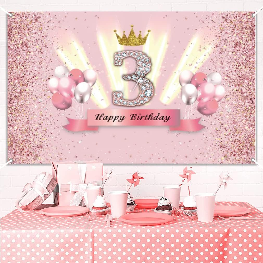 3Rd Birthday Decorations for Girls Happy 3Rd Birthday Backdrop Banner Party Deco Girl 3 Years Old Anniversary Party Fabric Sign Poster Pink Photo Background 3Rd Birthday Party Supplies, 59"X35.4"