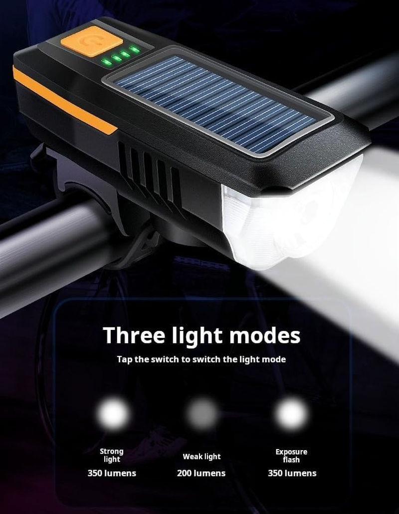 Multi-Functional Solar-Powered and USB Rechargeable Mountain Bike Night Cycling High Brightness Bike Front Light and 120Db Horn Bicycle Charging Light