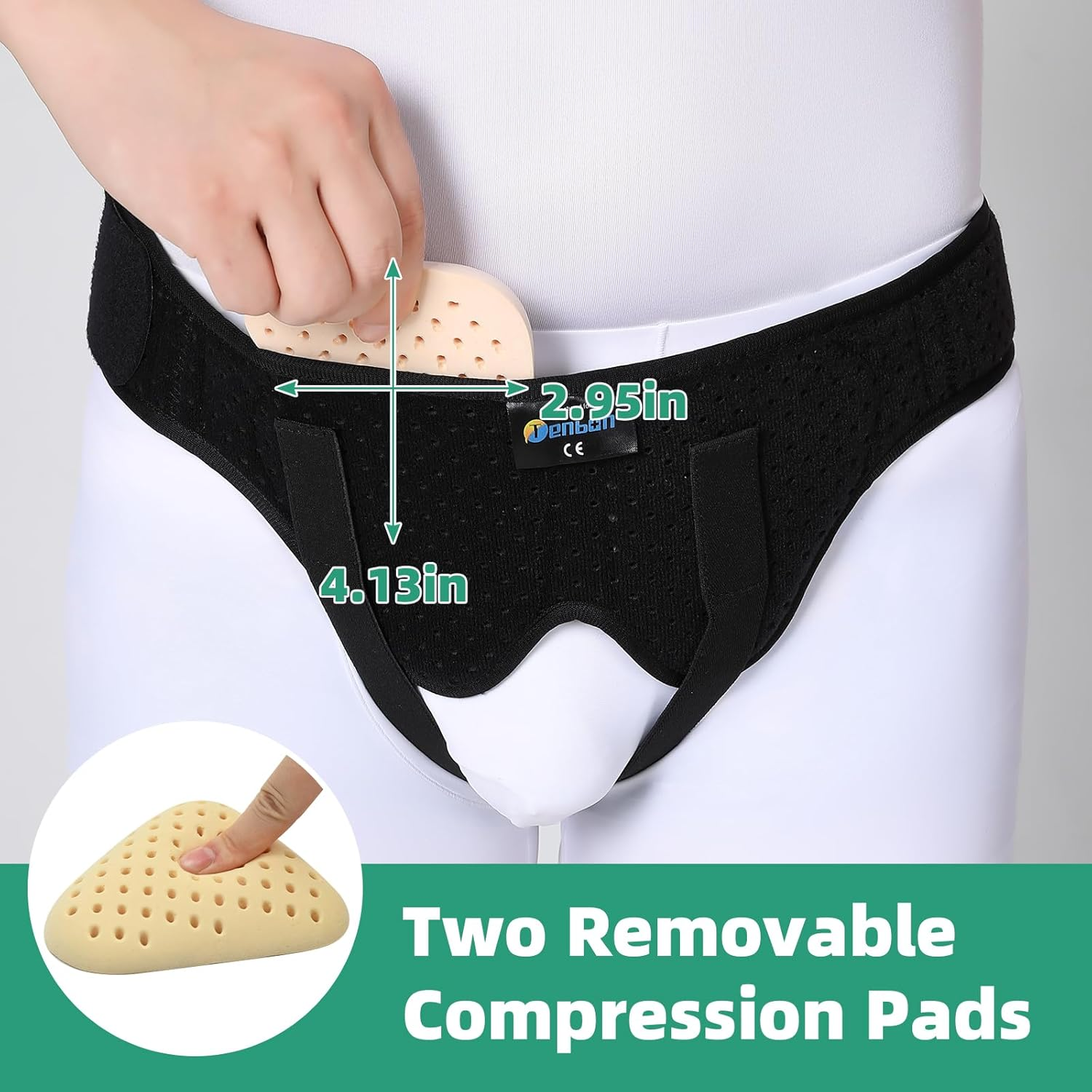 Tenbon Hernia Belt for Men and Women Flexible Adjustable Inguinal Groin Hernia Belt Support Truss Pain Relief Recovery Strap with 2 Removable Compression Pads Comfortable Material (L, Black)