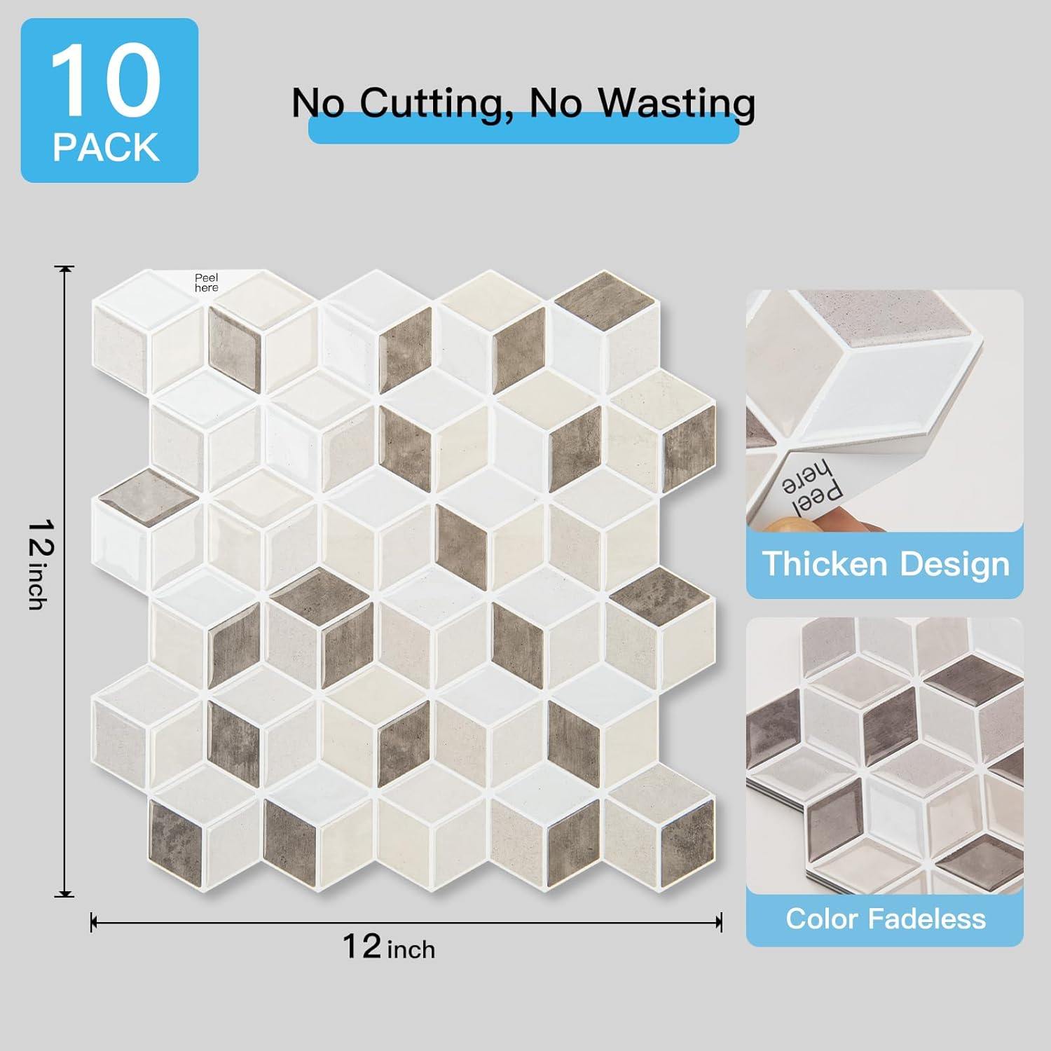 Art3D 10-Sheet Peel and Stick Backsplash Tiles, 30X30 CM Self-Adhesive 3D Wall Tiles for Kitchen, Bathroom, Countertop - Thickened Waterproof Design (Light Brown) - Graphite Gray image number 6