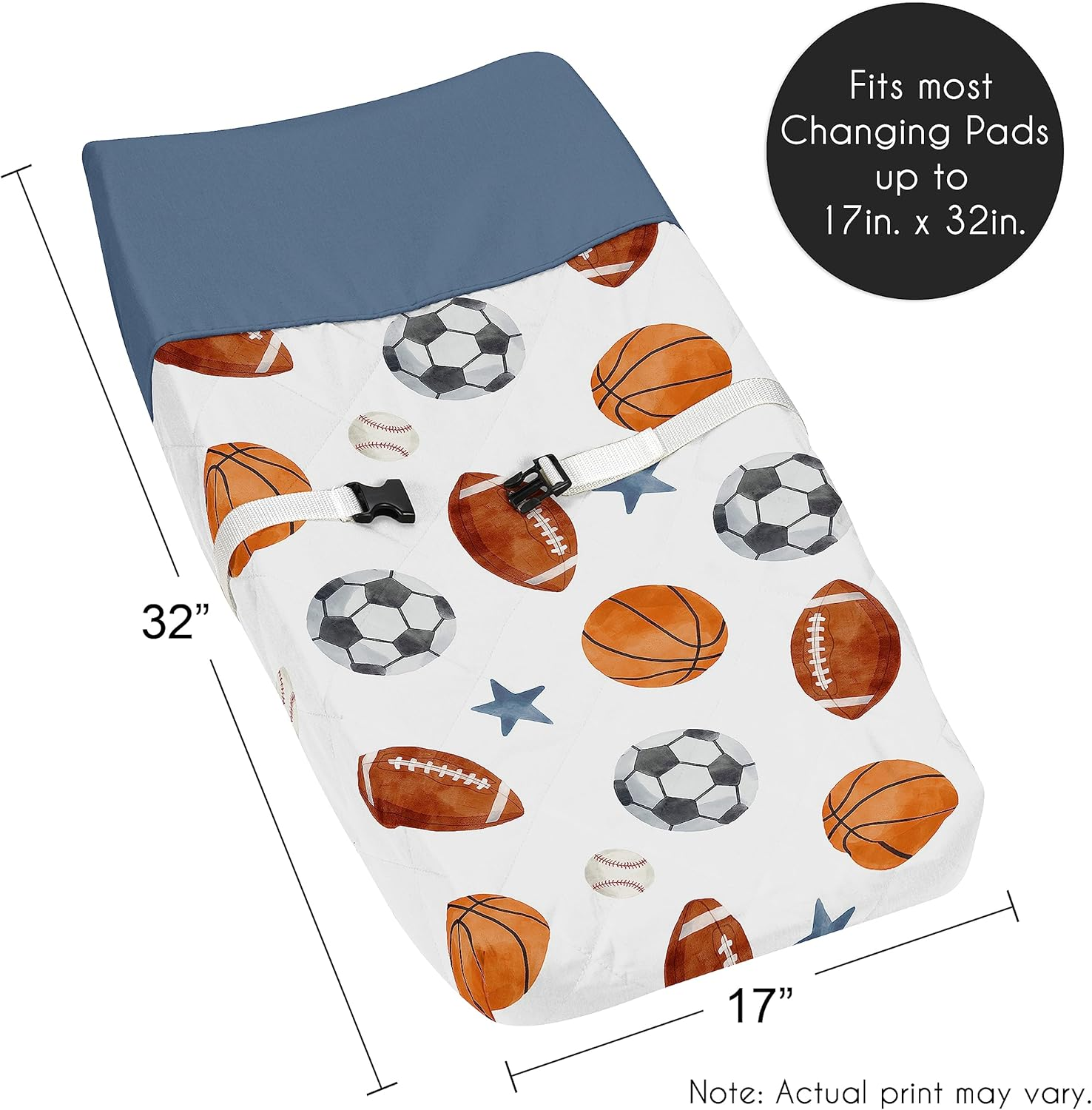 Sweet Jojo Designs Sports Theme Boy Baby Changing Pad Cover &ndash; Infant Newborn Diaper Table Change Mat Sheet - Watercolor Vintage Sport Themed Soccer Balls Football Baseball Basketball Blue Stars image number 4
