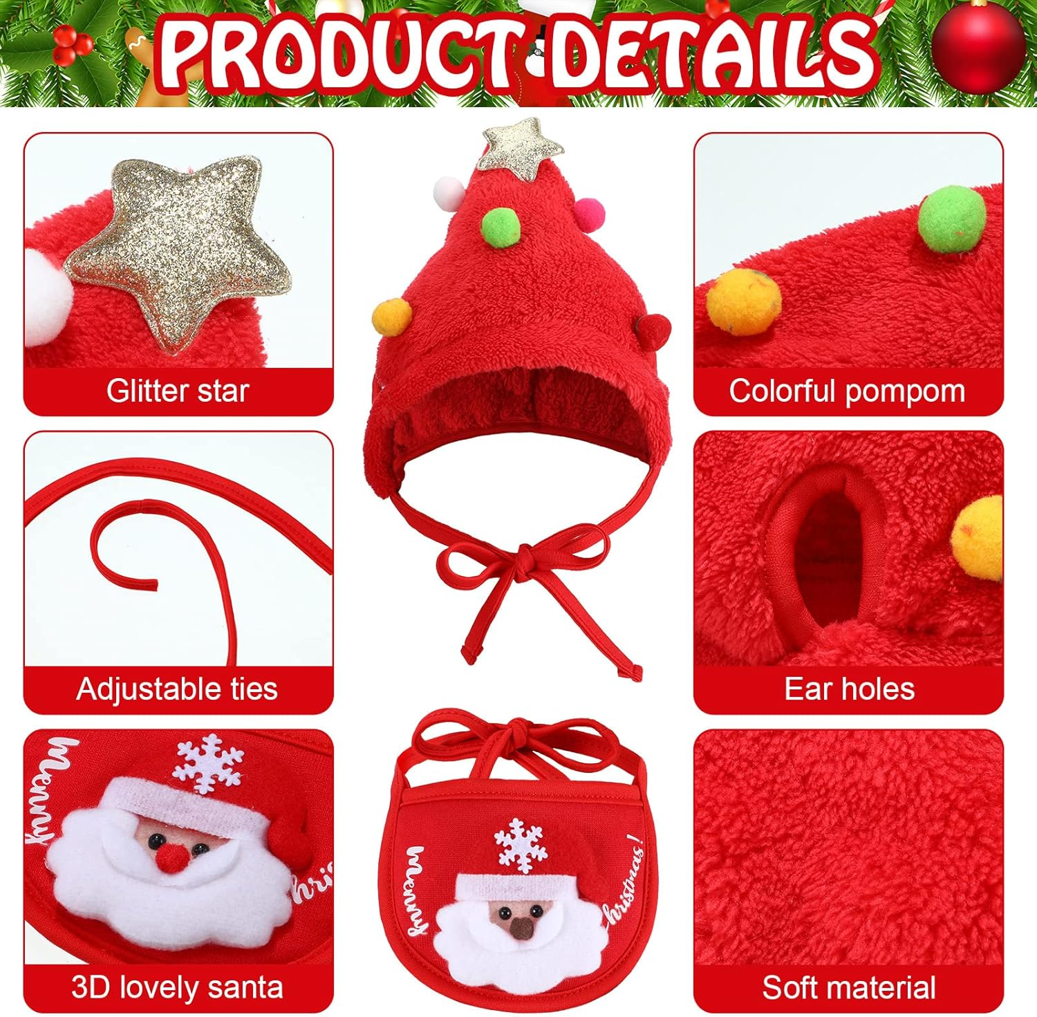 Lauwell 4 Pcs Christmas Dog Pet Costume Include 2 Christmas Tree Hat Small Dog Headgear and 2 Adjustable Collars Bib Santa Elf Cat Bib for Xmas Dog Cat Outfit Clothing Party Accessory