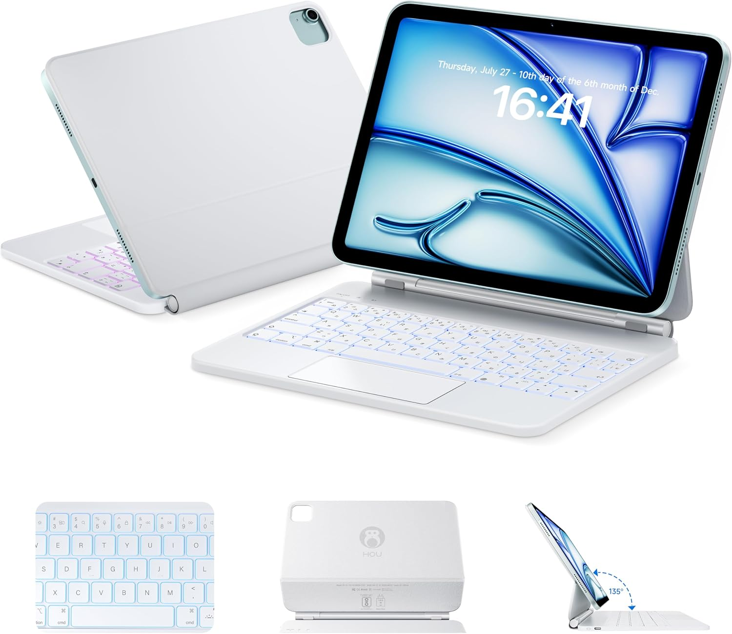 HOU Magnetic Keyboard Case for Ipad Air 11/Pro 11/Air 5&4, 135&deg; Wider Adjustable Tilt, Smooth Ag-Glass Touchpad, 12 Shortcut Key Combinations, 7-Color Backlight, Deeper 1.4Mm Key Travel, Bluetooth