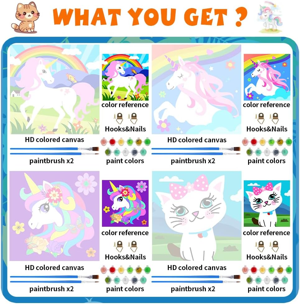 QEUOYSS 4 Paint by Numbers for Kids Ages 8-12 DIY Paint Set for Girls Boys Adults Beginner Crafts for Girls Ages 4-8 Acrylic Oil Painting by Number Kits Perfect for Gift Decor 8"X8" (4 Pack Dream) image number 2