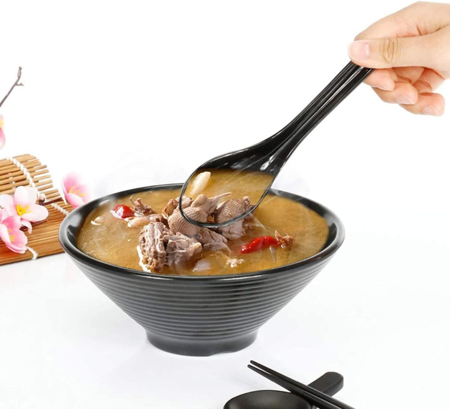 MIZOXY 10-Piece Set of Black Soup Spoons - Versatile Japanese, Chinese, and Asian Style Spoons for Soups, Rice, Wontons, Ramen, Pho - Ideal for Restaurants, Home, Hotels, and Food Shops image number 4