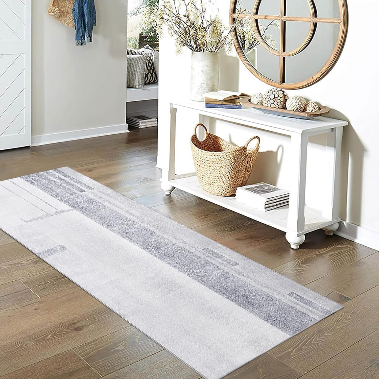 Calore Carpet Runners for Hallways Non Slip Washable Runner Rugs Long Soft Kitchen Runner Grey Hallway Hall Runners for Bedroom Hallways Living Room Kitchen (Grey/Light Blue, 60X120Cm)