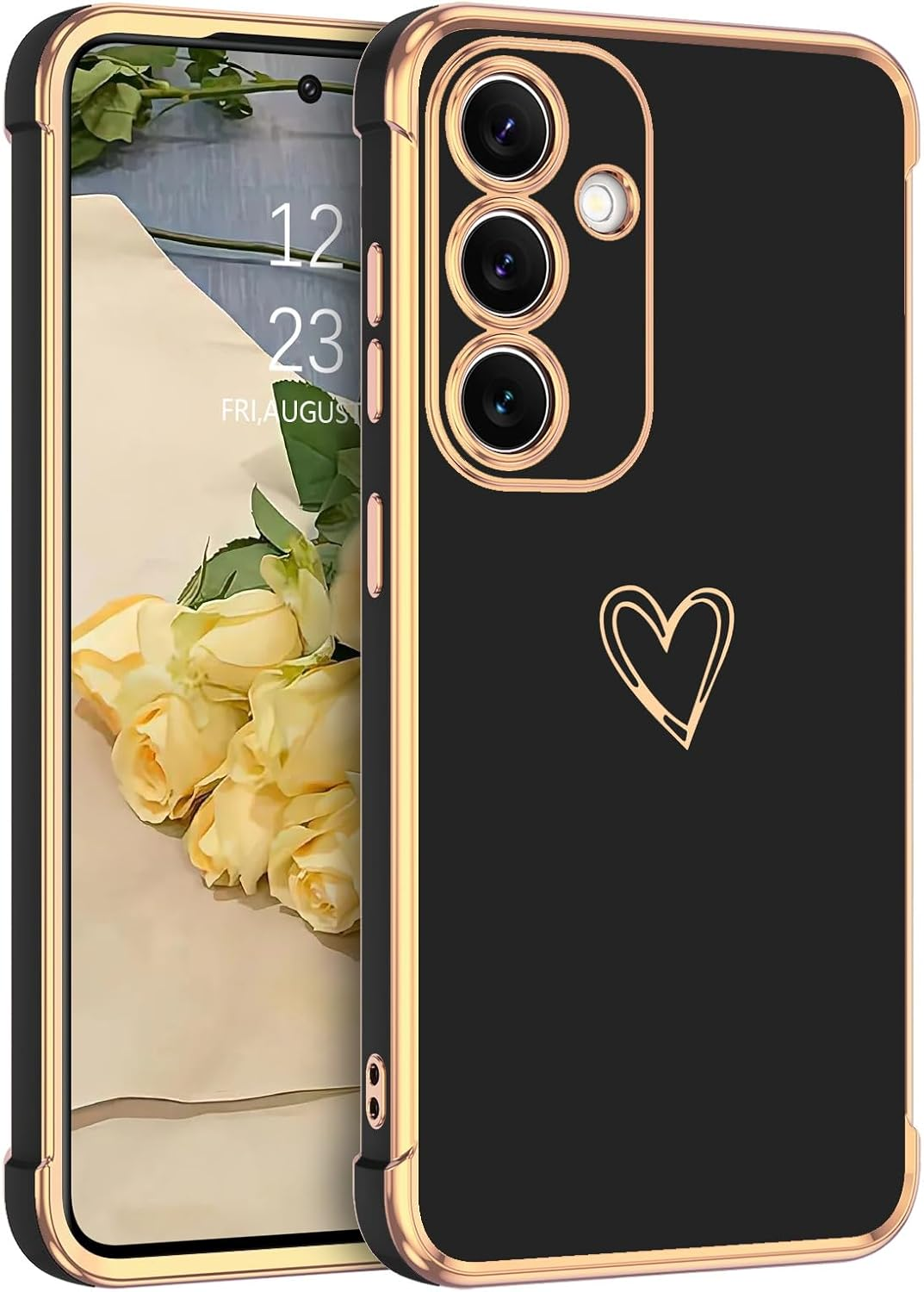 GUAGUA Case for Samsung S25 FE 5G 6.7", Cute Heart Pattern Cases Soft TPU Plating Cover for Women with Camera Protection & 4 Corners Shockproof Protection, Black