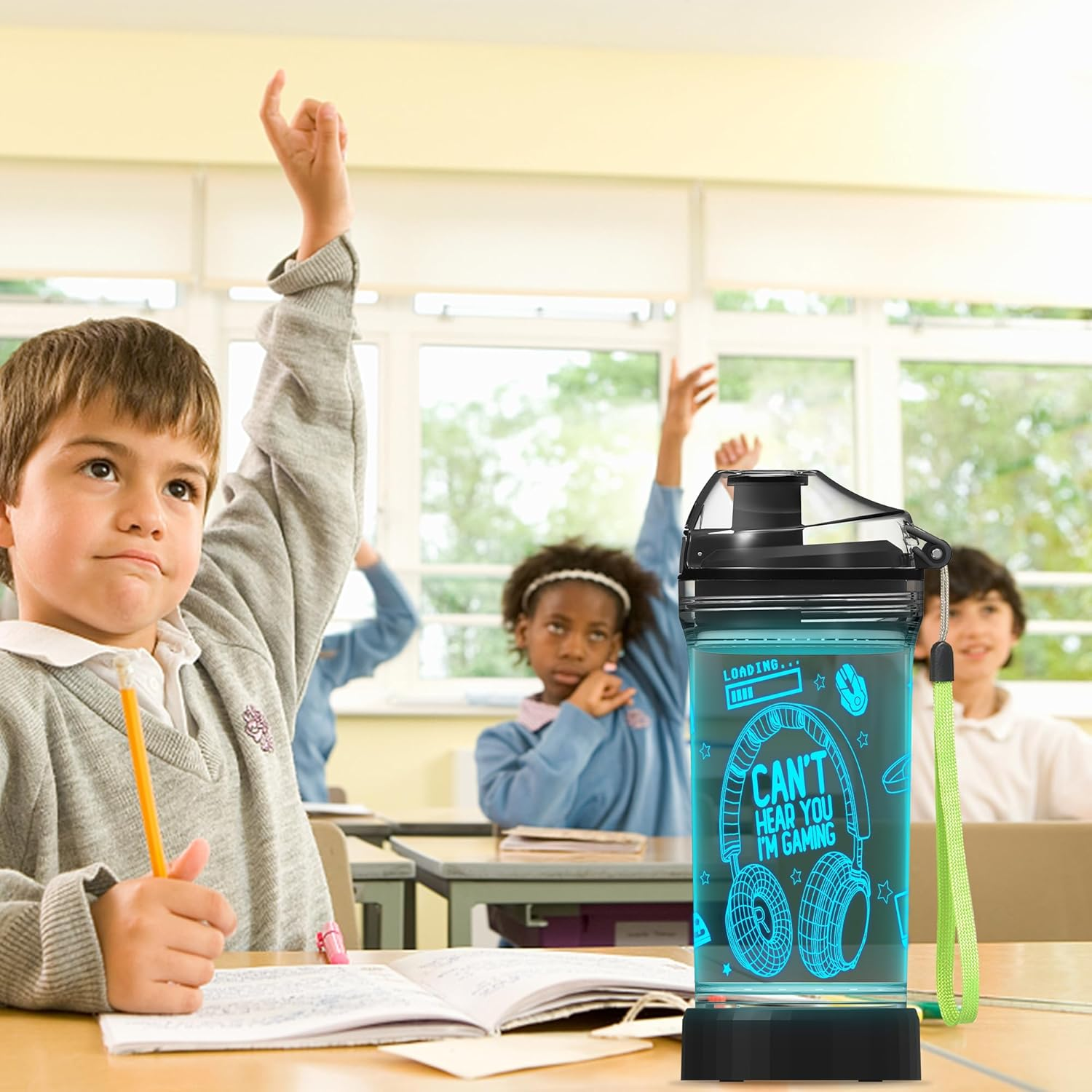 Gamer Water Bottle, Light up 3D Headphone Design, 14Oz Tritan BPA Free - for Boys Girls- Kids Drinking Cup - Christmas Holiday