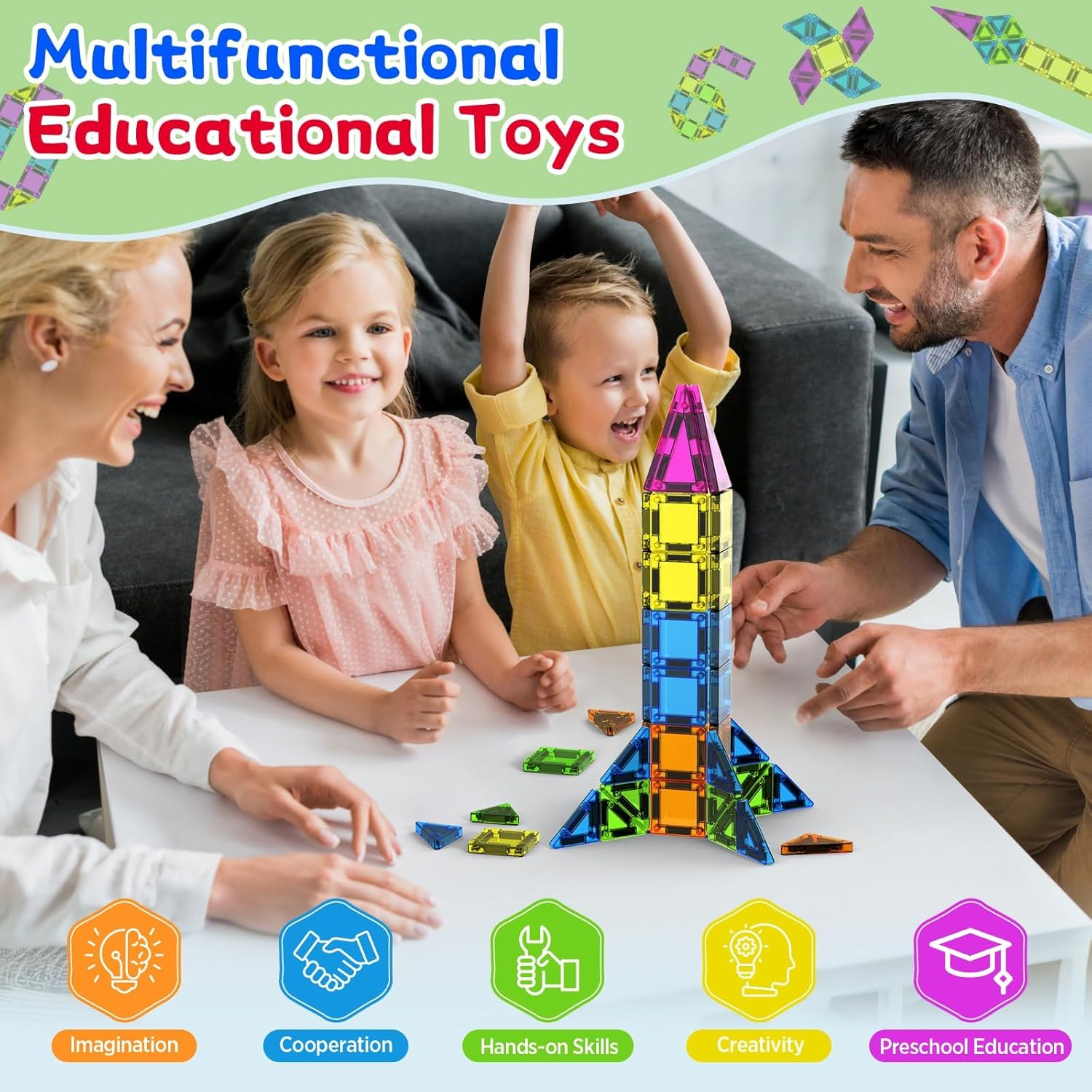 Mini Magnetic Tiles Travel Magnetic Tiles with Box, 50 PCS Magnet Building Block Set Travel Toys for Kids Ages 3+, Educational Portable Magnet Toys Gifts for Toddlers Boys & Girls Christmas Birthday image number 2