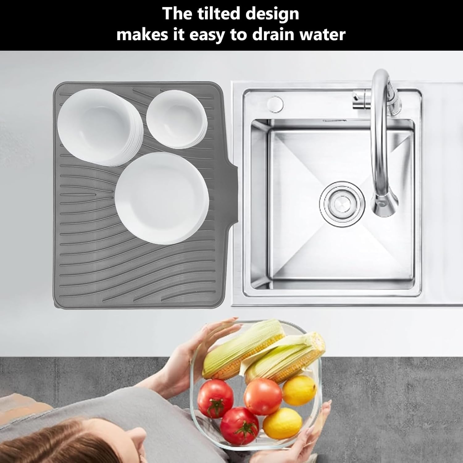 Silicone Dish Drying Mat,Foldable Sloped Silicone Draining Mat with Drain Lip for Kitchen Counter,Multifunctional Non-Slip Drain Pad,Heat-Proof Sturdy Compact Easy to Clean Tray(Grey) image number 1