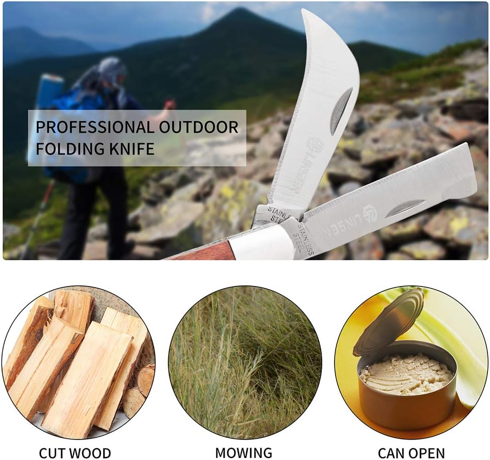 Pruning Knife Double Blade Grafting Knife Stainless Steel Garden Budding Knife Linsen-Outdoors Folding Pocket Knife for Grafting Multi Cutting Tool Weed Bushes Branches Mushroom Diggig Knife image number 5