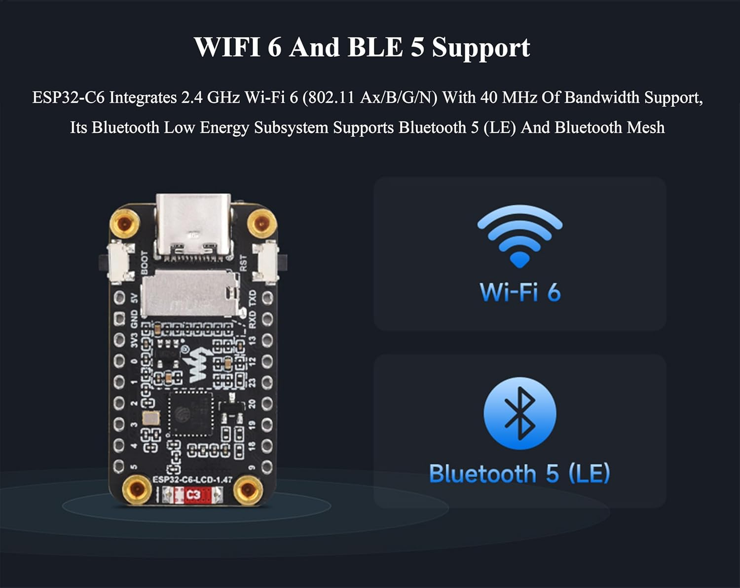 ESP32-C6 1.47Inch Display Development Board,172X320, 262K Color, 160Mhz Running Frequency Single-Core Processor, Support W-If-I & BLE, with Colorful RGB LED, with Pre-Soldered Header image number 6