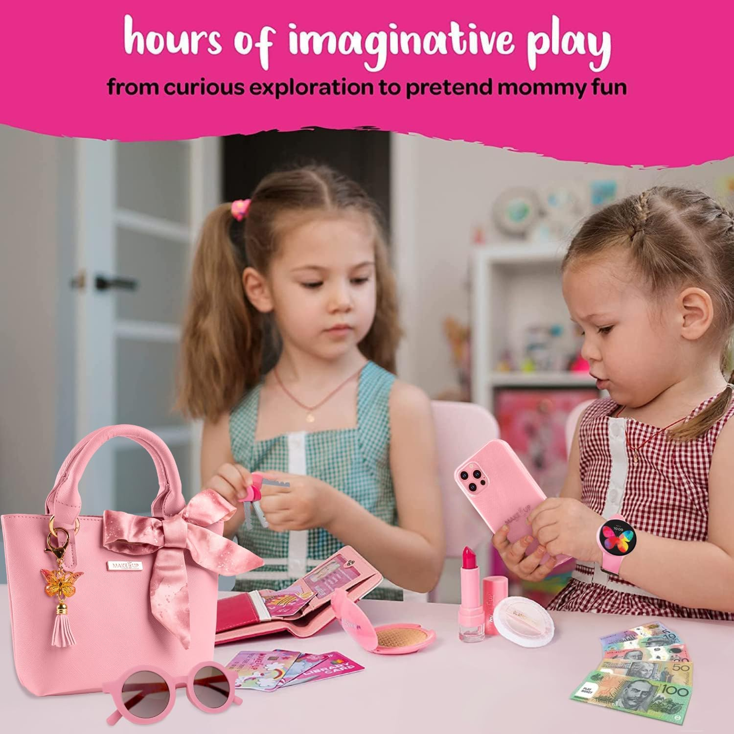 Pretend Play Kids Purse and Makeup Toy with Princess Pretend Makeup Smartphone Wallet Keys Credit and VIP Cards (Australian)