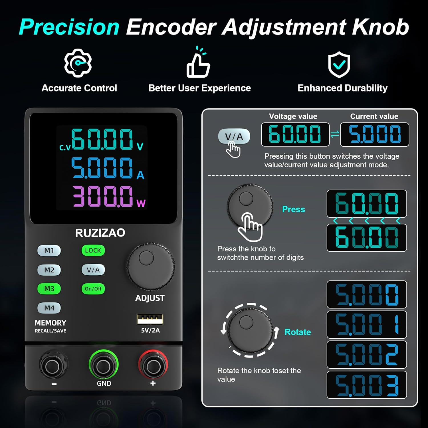 DC Power Supply Variable, 300V 1A, High Voltage Adjustable Switching Regulated Lab Bench Power Supply with 4 Storage Modes, Encoder Knob, Output Switch, Lock Button, Colorful 4-Digit Display image number 6
