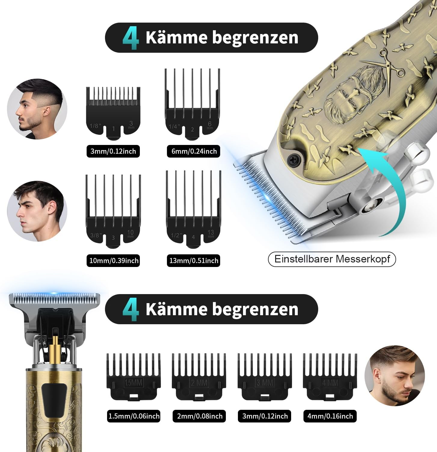 HIENA PRO Professional Hair Clippers for Men, Cordless Complete Hair Trimmer, Beard Trimmer Set, USB Rechargeable Electric Hair Cutting Kit with 8 Guide Rails and LED Display image number 6