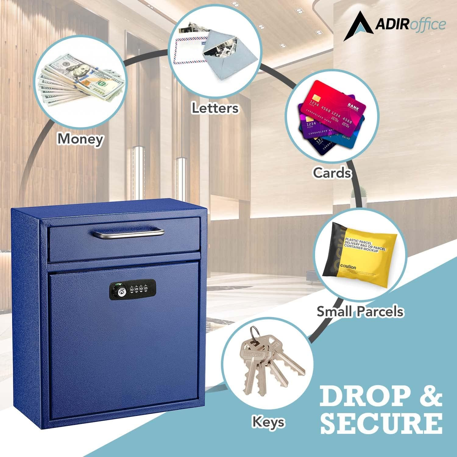 Adiroffice Ultimate Drop Box Wall-Mounted Mailbox - Hanging Secured Postbox - Durable Spacious Key or Combination Lock Box Perfect for after Hours Deposits Payments Key and Letter Drops (Medium, Blue) image number 3