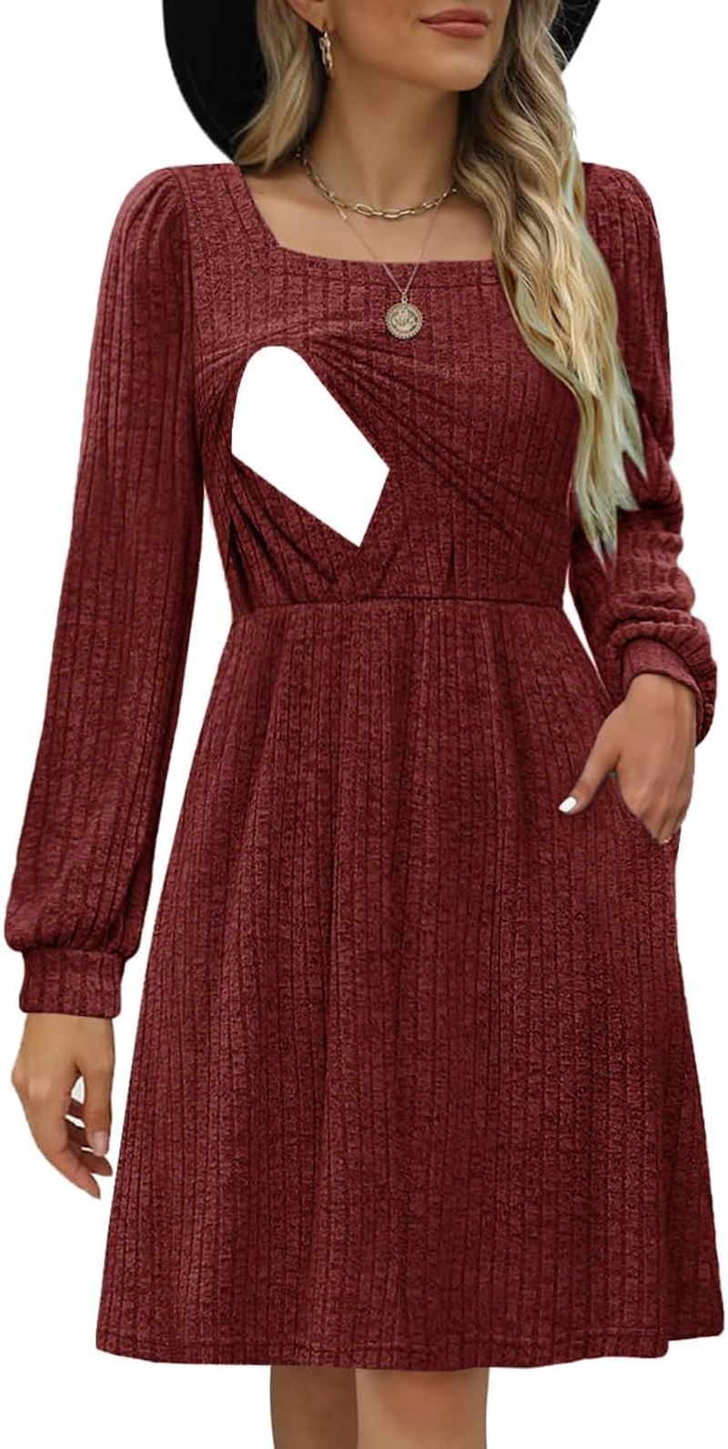 Womens Nursing Fall Dresses Square Neck Long Sleeve Winter Knit Sweater Dress 2024 with Pockets image number 6