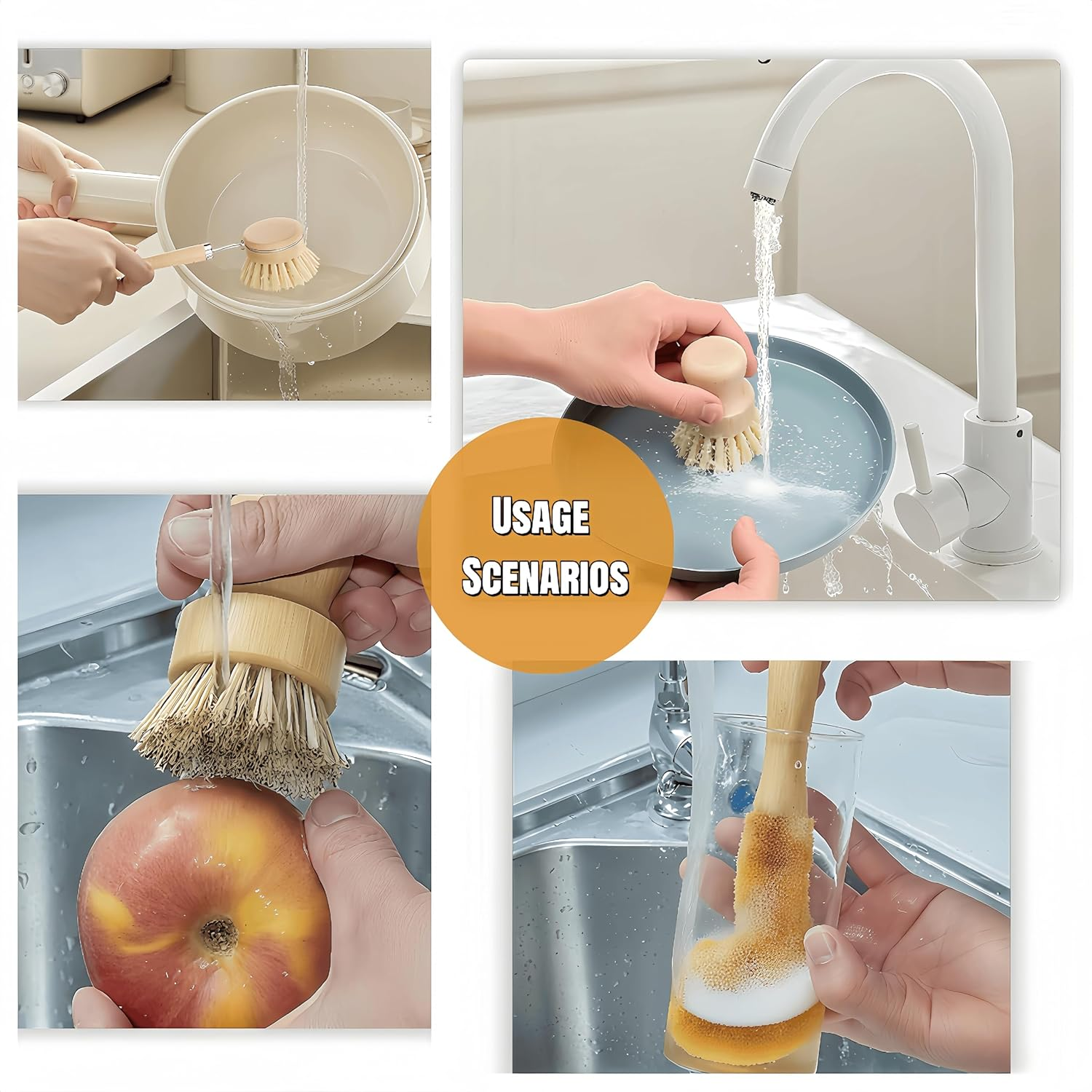 Bamboo Dish Brushes Sets 4 Tools in One Kitchen Clean Dish Scrubber for Pots Pans Bottles with Natural Bristles (Bamboo Brushes Sets) image number 1