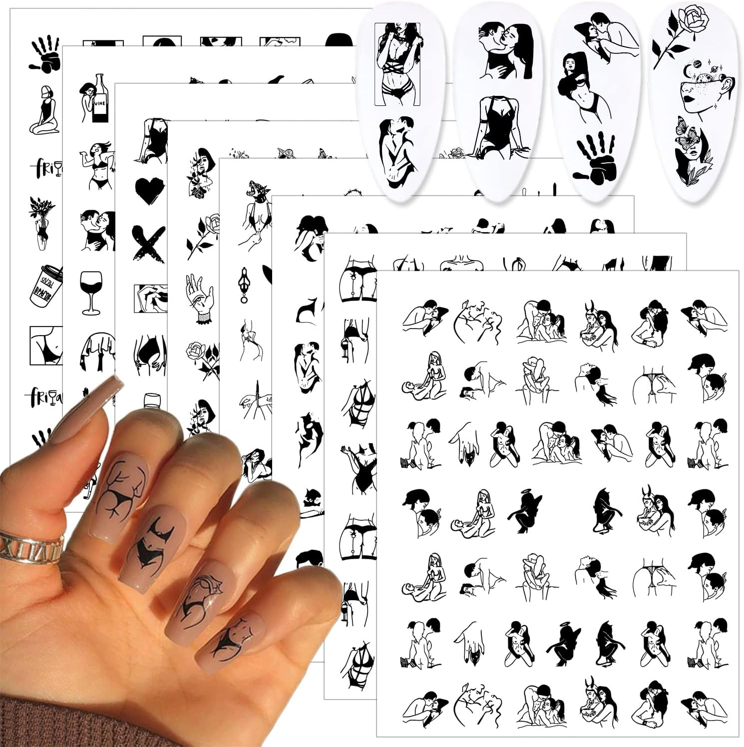 8 Sheets Bad Girl Nail Art Stickers 3D Self Adhesive Stickers Abstract Black White Design Nail Art Supplies Sexy Girls Nail Stickers for Women Girls Graffiti Fun Nail Decoration DIY Manicure Tips image number 1