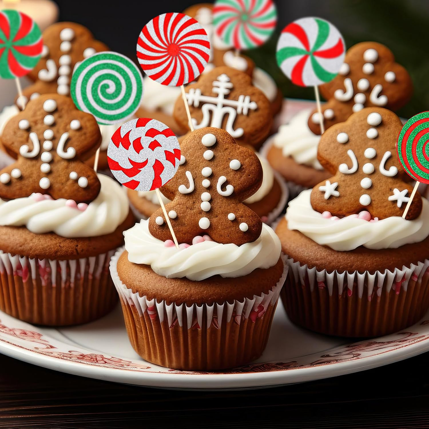 Whaline 24Pcs Christmas Cupcake Toppers Red Green Glitter Xmas Peppermint Candy Cupcake Picks for Xmas Holiday New Year Gathering Celebration Birthday Party Cake Decoration Supplies, 8 Styles image number 5