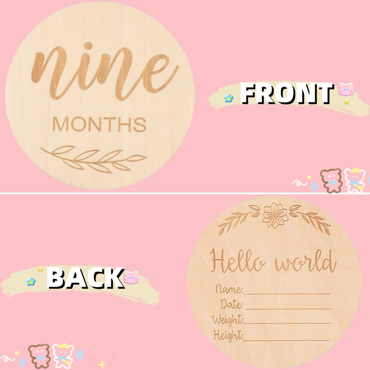 1 Set Kids Monthly Milestone Cards,Ywbfove 12 Pieces Double Sided Milestone Journey Cards for Photo Props Gifts,Wooden Photo Props and Growth Milestone image number 4