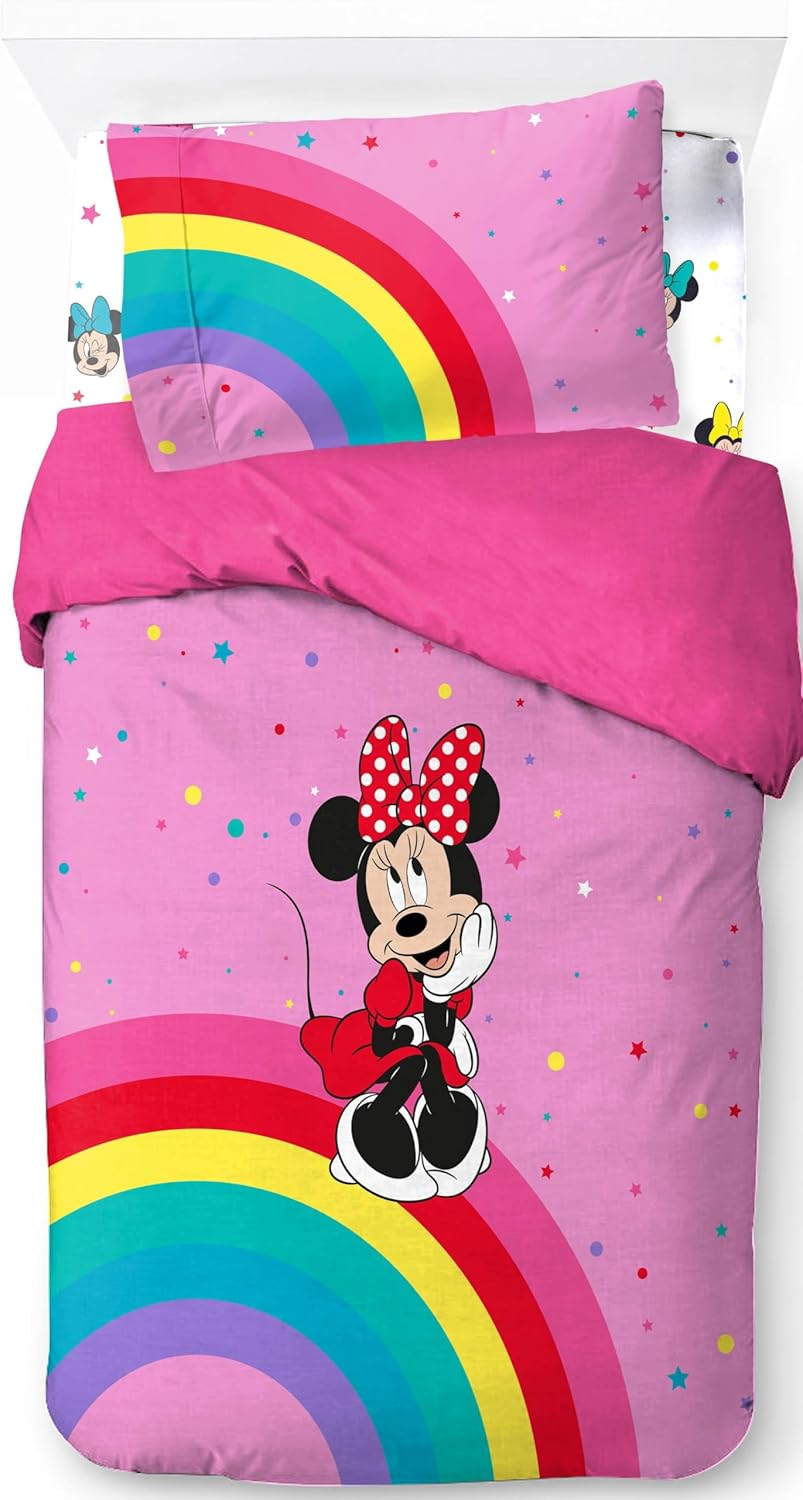 Jay Franco Disney Minnie Mouse Rainbow 100% Cotton 3 Piece Single Bedding Set - Includes Duvet Cover, Fitted Sheet & Pillowcase