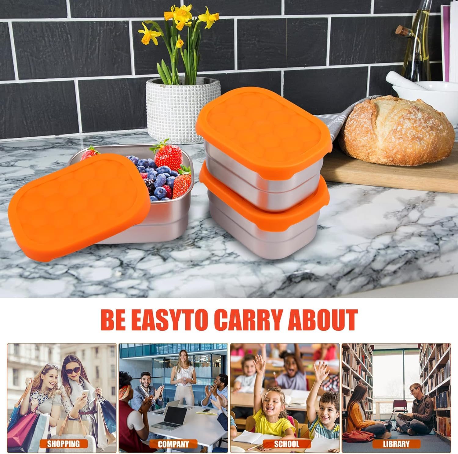 3Pcs 8Oz Stainless Steel Snack Containers for Kids Stackable Rectangle Food Storage Container with Silicone Lids Portable Snack Boxes for School Office Travel Camping (3 Pcs)