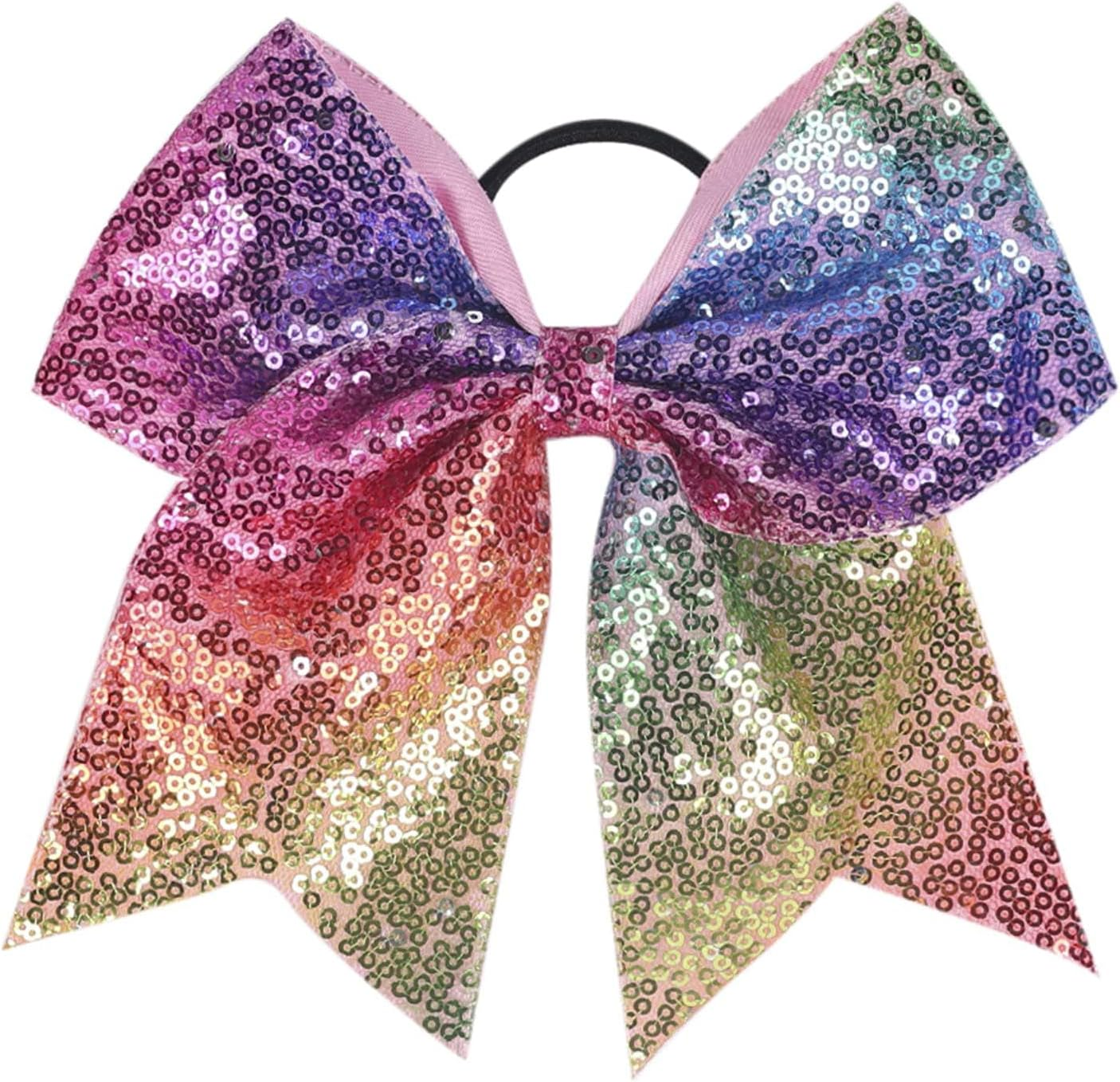 Sequin Hair Bow Elastic Hair Tie with Ribbon Design, 19&times;18 Cm Large Cheer Bow Hair Accessory for Girls Women Teens &ndash; Ruibex(Light Blue)