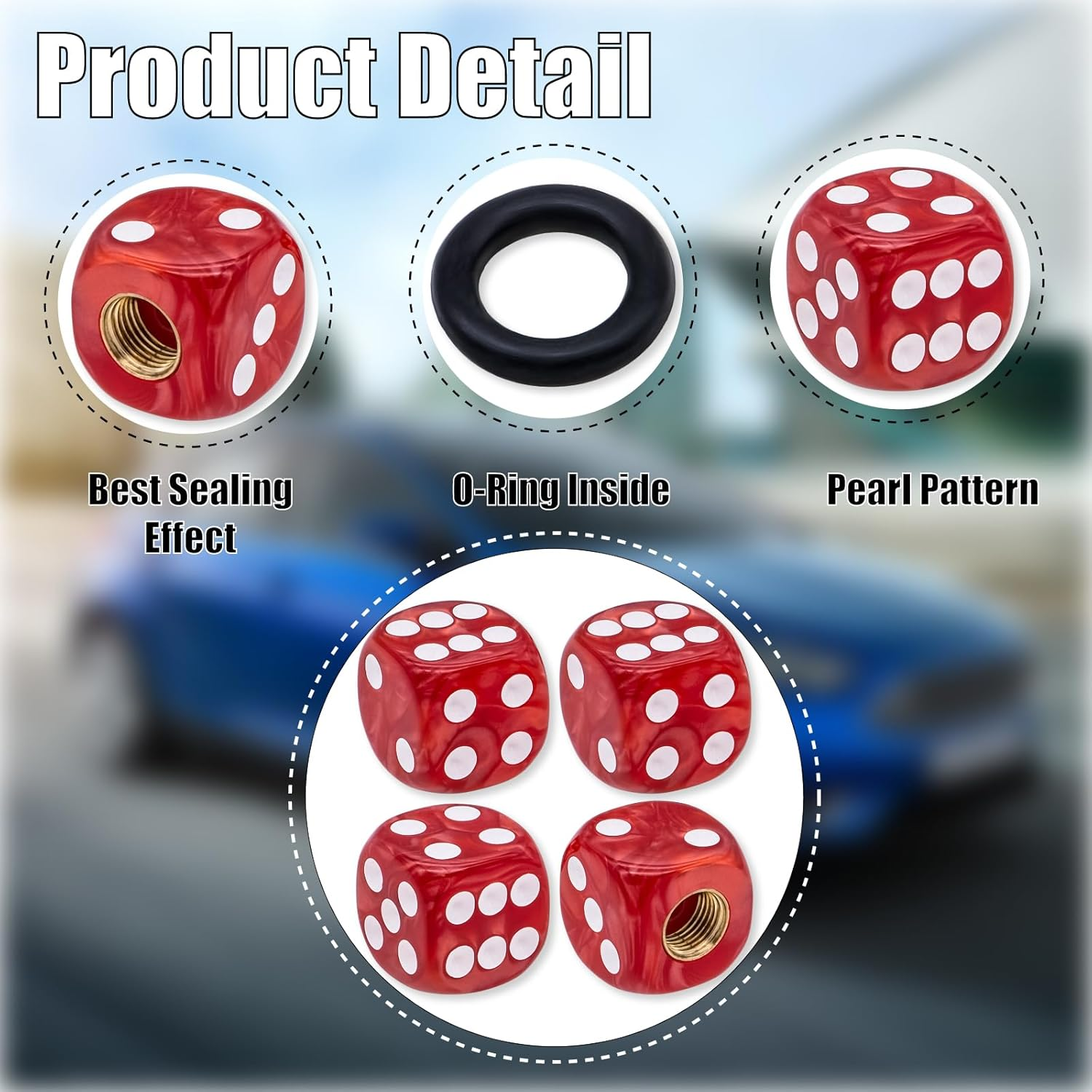 4PCS Pearl Pattern Dice Tire Valve Stem Caps, Leak-Proof Air Protection | Light-Weight Universal Tire Valve Stem Covers for Cars, SUV, Trucks, Bikes, Motorcycles, Bicycles(Red) image number 3