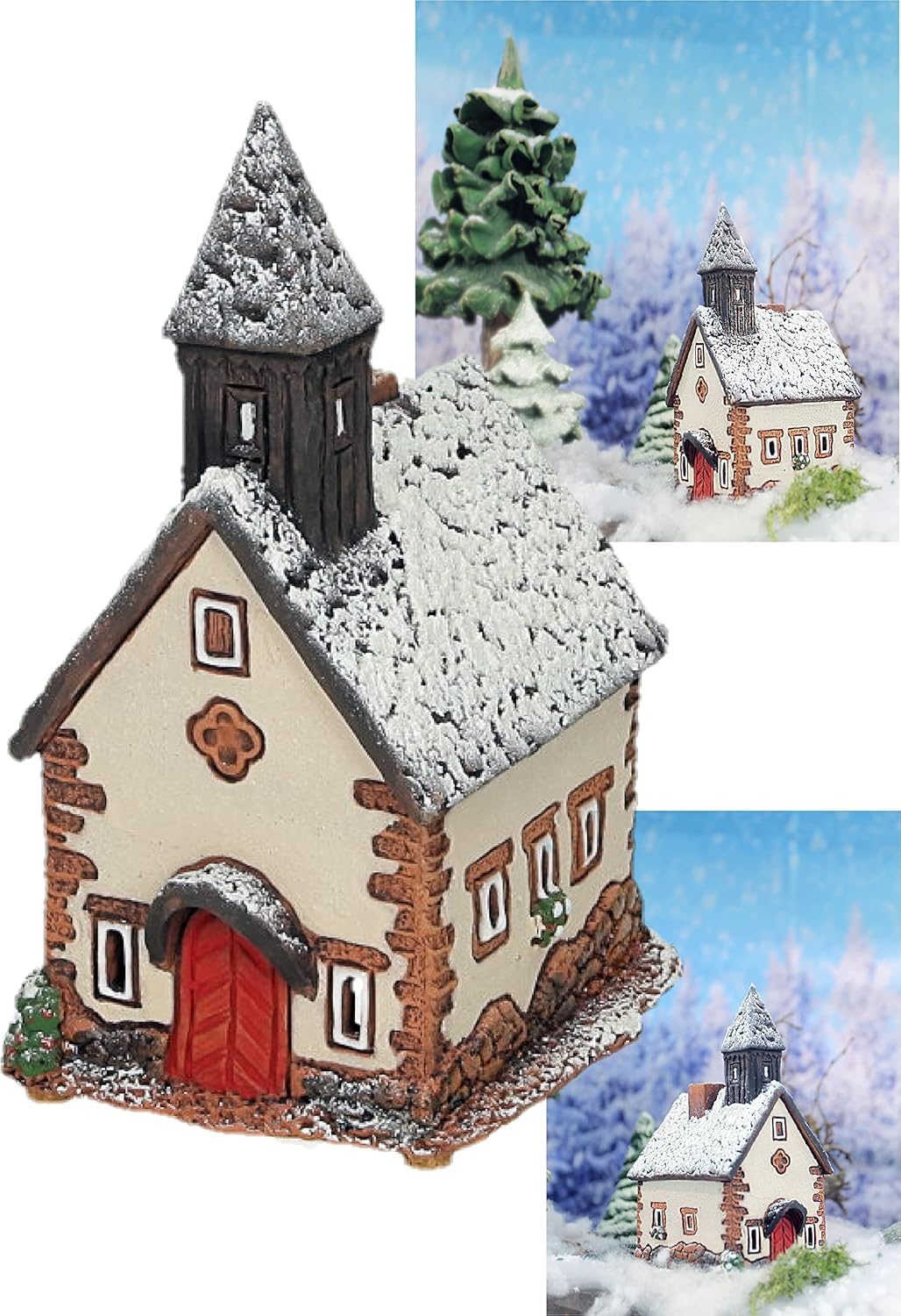 Ceramic Villages and Houses Collection - Handmade Miniature of the Original Chapel in Tyrol, Winter Edition - Candle, Cone Incense Holder R290SN image number 3