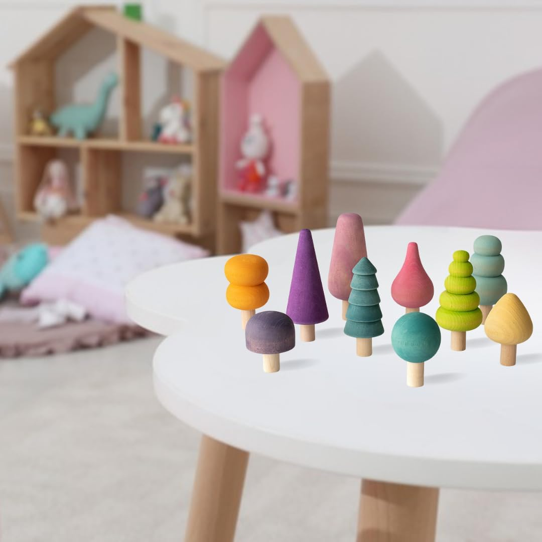 10Pcs Pastel Wooden Toys Tree Set Wooden Forest Various Sizes Natural Woodland Trees Creative Children'S Arts Sensory Toys Open Ended Montessori for Toddlers Montessori Toys for Babies image number 6
