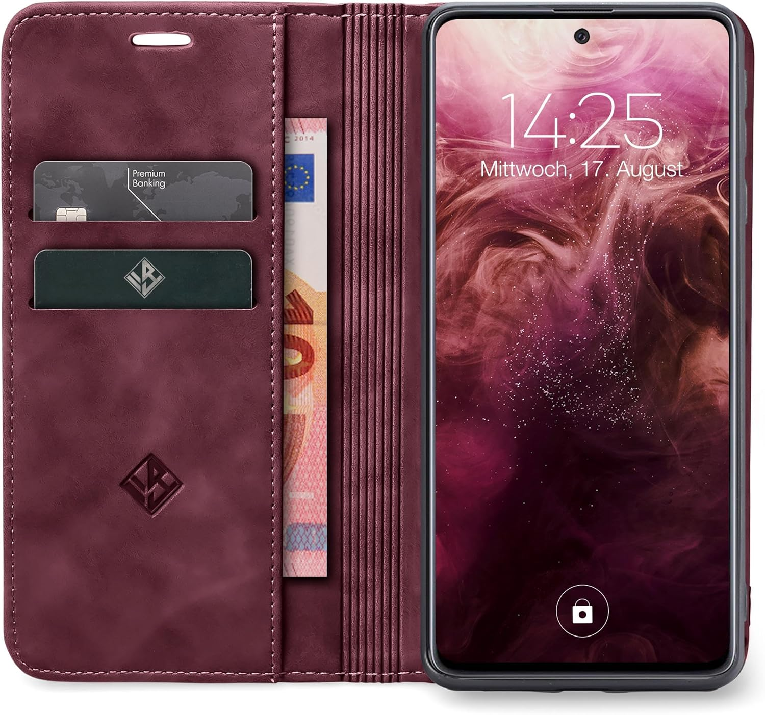 LBH Mobile Phone Case for Samsung Galaxy A36 5G in Wine Red with Card and Money Compartment Smartphone Case with Stand Function Flip Case Protective Cover Magnetic Closure Vintage