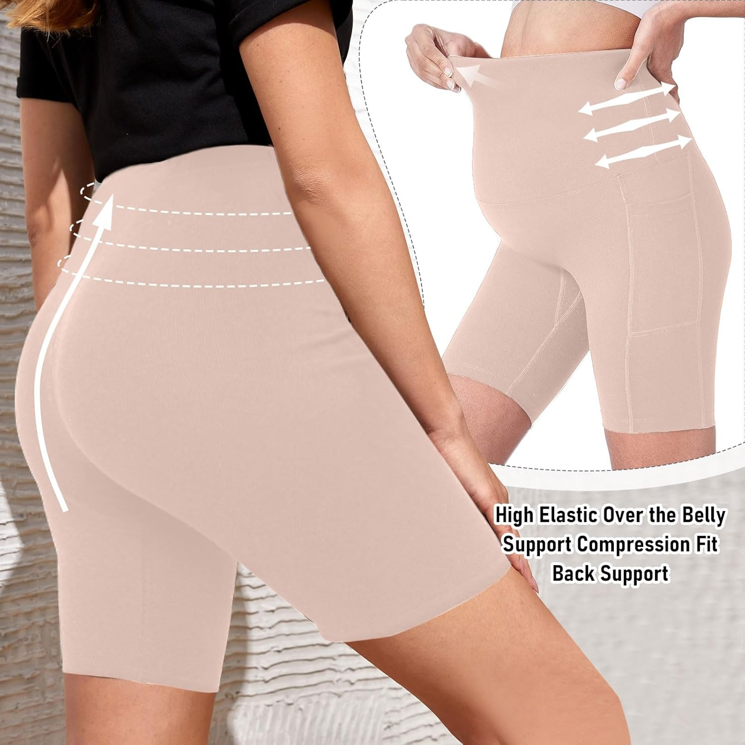 Maternity Shorts for Women over the Belly Pregnancy Biker Shorts Workout Active Running Yoga Shorts with Pockets image number 2