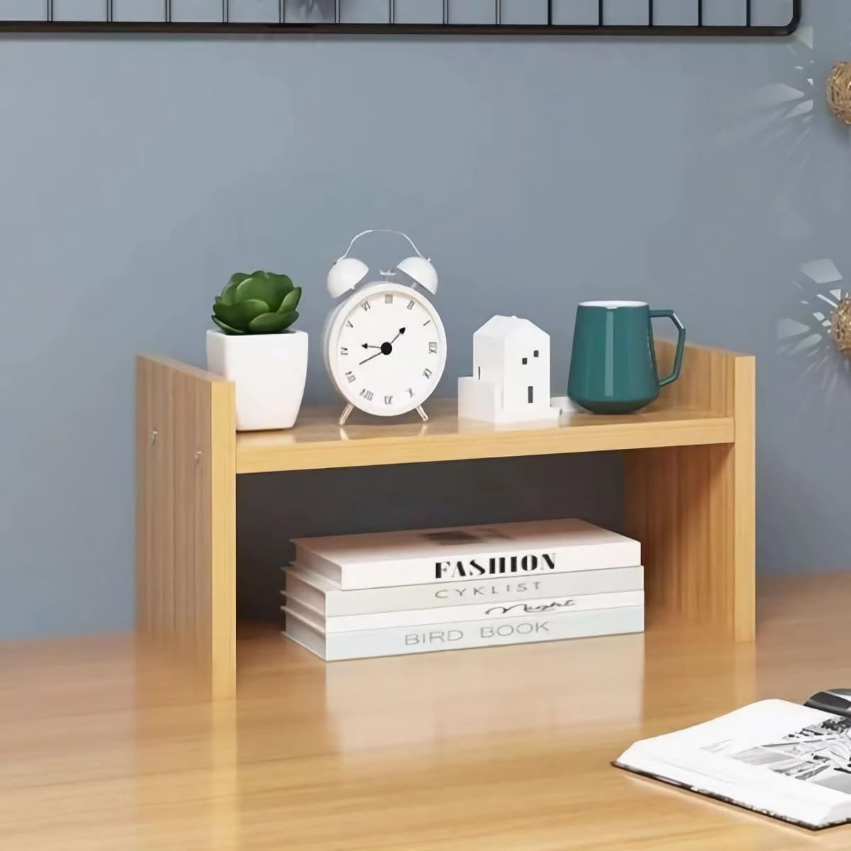 Hbluefat Desktop Organizer Shelf, Small Desk Bookshelf, Wooden Tabletop Mini Bookcase, Modern Mini Display Storage Rack for Home Office (White)