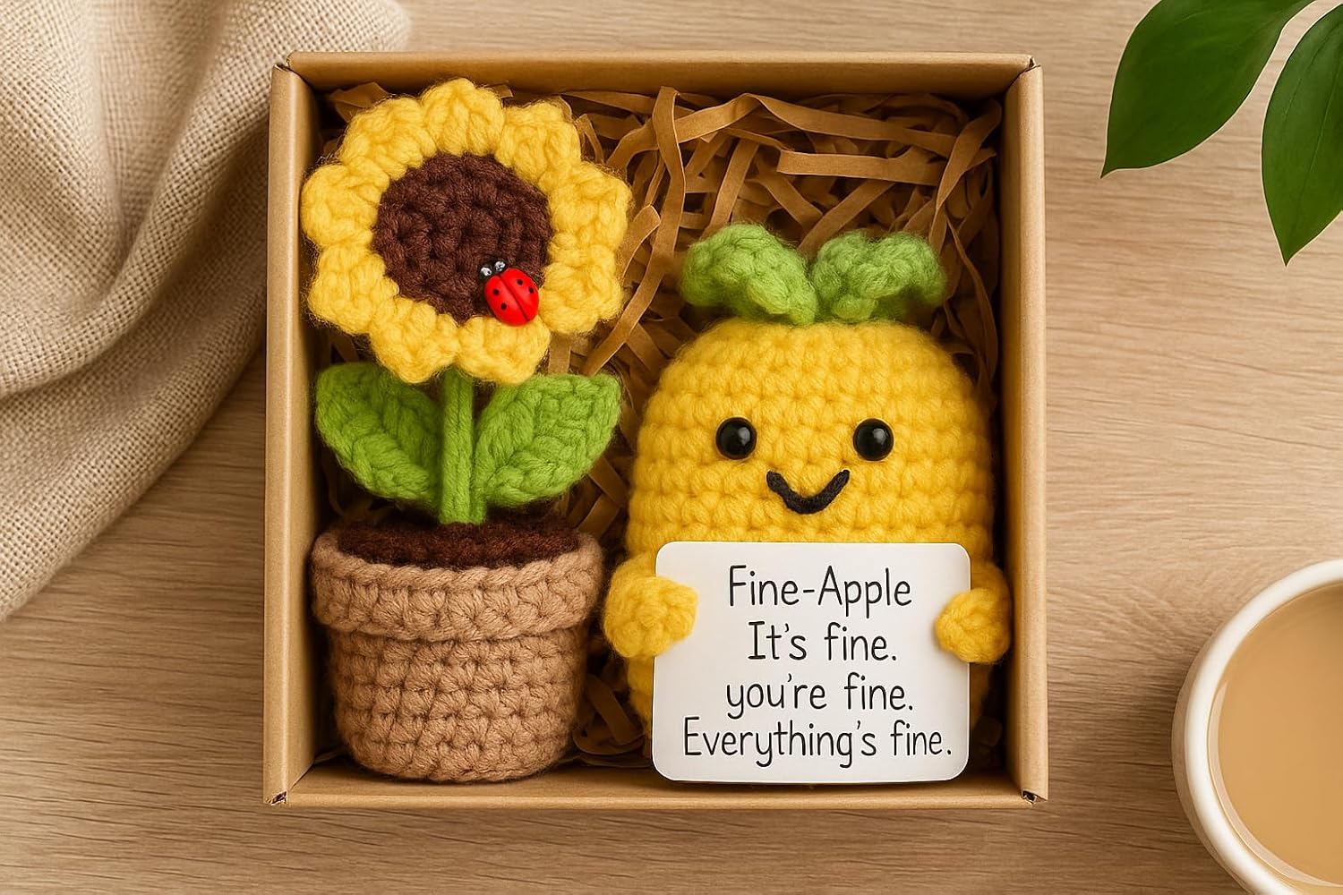 2PCS Handmade Crochet Yarn Decor &ndash; Funny Sunflower & Pineapple Desk Accessories, Emotional Support Gifts for Women, Friends, Office &ndash; Fiber Art Knitted Ornaments, Not Toys image number 3