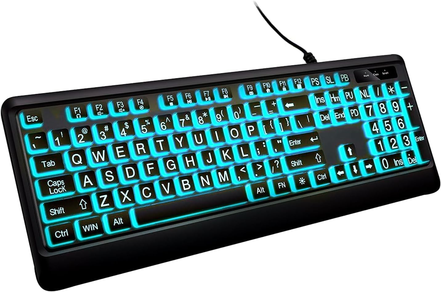 BERGUF Large Print Backlit Keyboard, Wired USB Lighted Computer Keyboards with 7-Color Backlit, Oversize Letters Keys Easy to See and Type, Quiet Keyboard Compatible for PC, Laptop (Large) image number 4