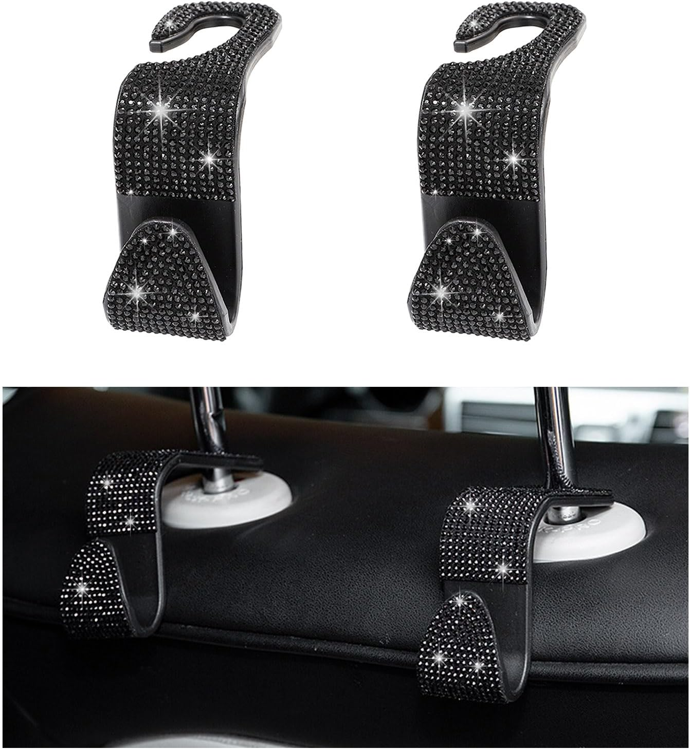 Augeny 2 PCS Bling Car Seat Headrest Hooks, Crystal Rhinestone Back Seat Hanging Storage Organizer, Auto Purse Bags Hanger, Universal Vehicle Interior Accessories for Women Girls (Purple)