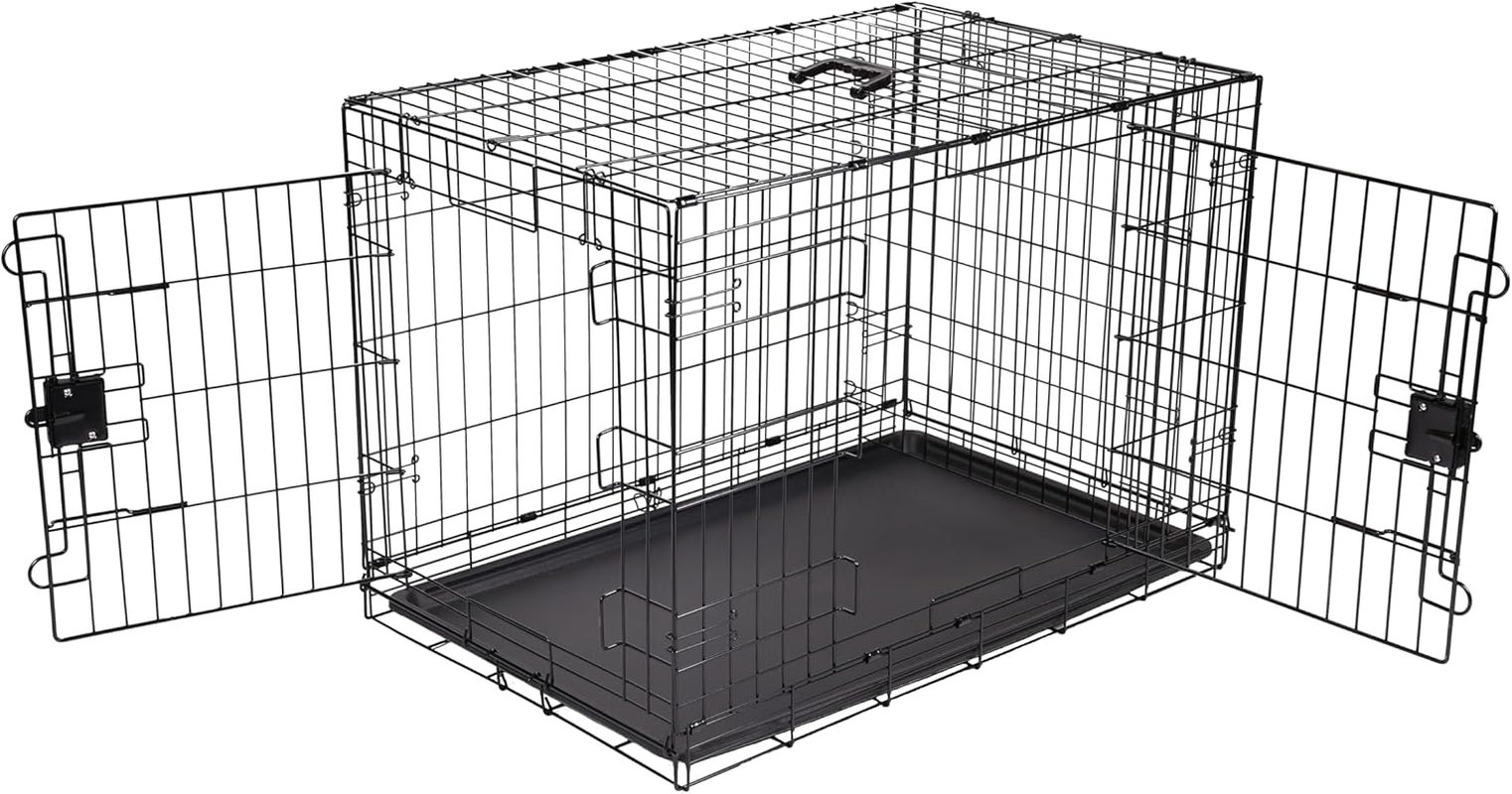 Amazon Basics Foldable Metal Wire Dog Crate with Tray, Double Door, 91Cm Length, Black