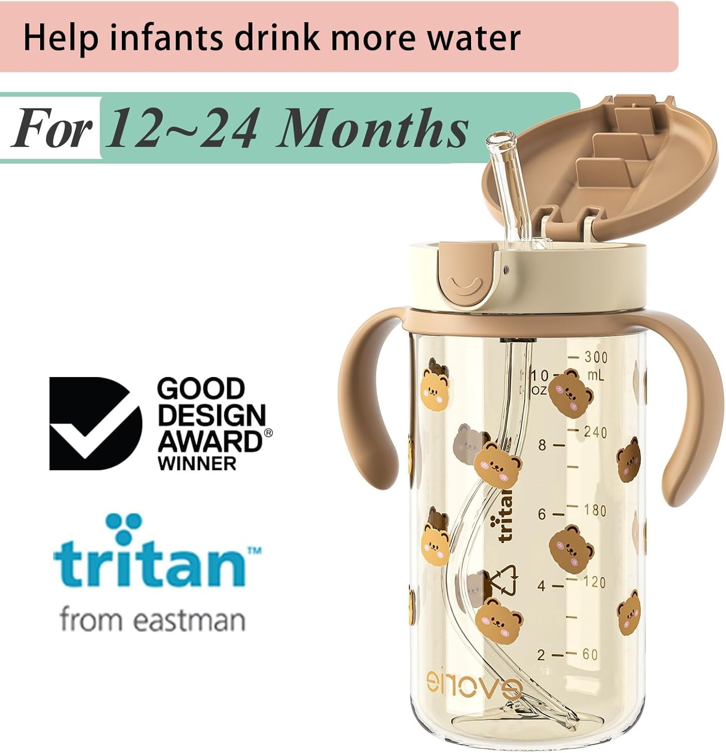 Evorie Tritan Toddler Sippy Cup with Silicone Straw, Spill-Proof Straw Water Bottle for Kids 1-2 Years Old, 300Ml 10 Oz, Removable Handles, Ideal for School (Honey Bear) image number 1