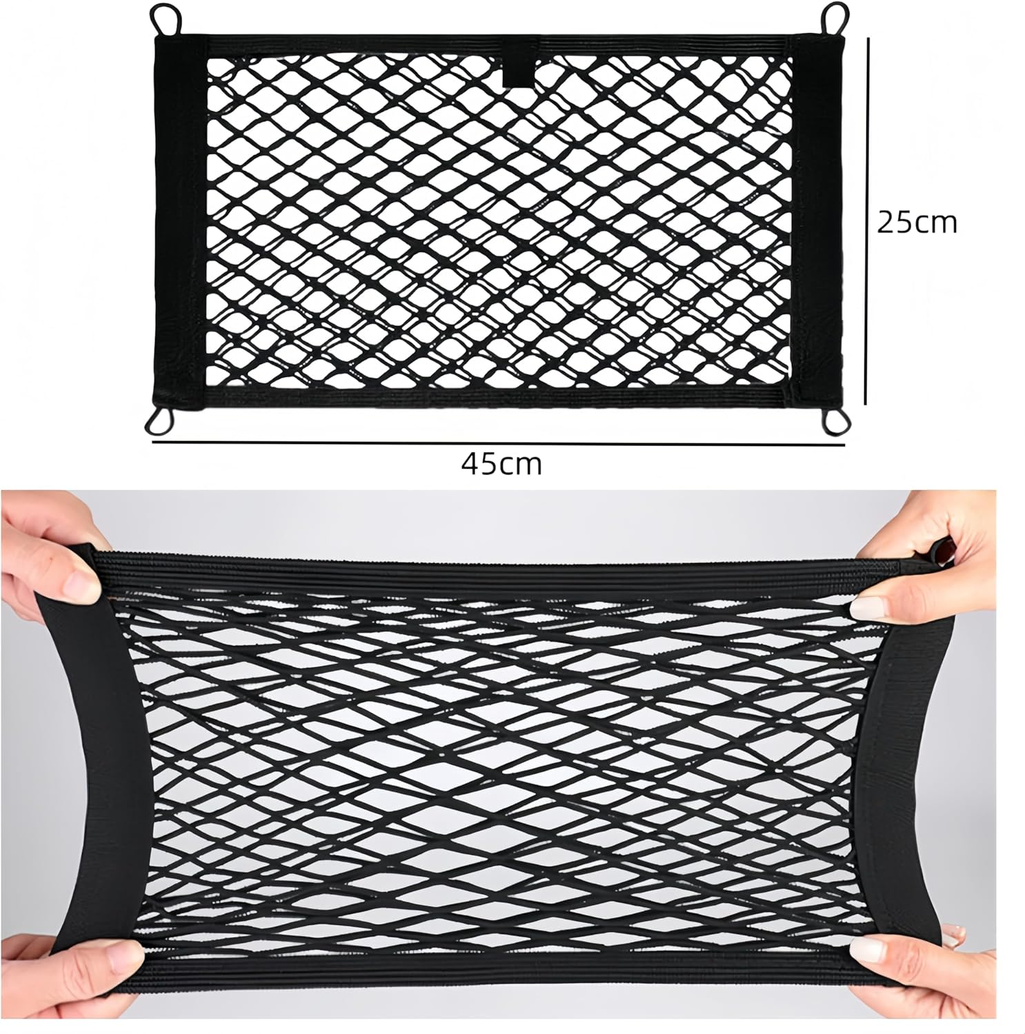 Ai-Oumleef Pack of 2 Car Luggage Net,Double Layer Elastic Storage Net,Stretchable Small Cargo Net,For Trunk Boats Home Storage Stretchable Mesh Pocket Net with 8 Mounting Screws and Hooks(25 X 45 Cm) image number 2