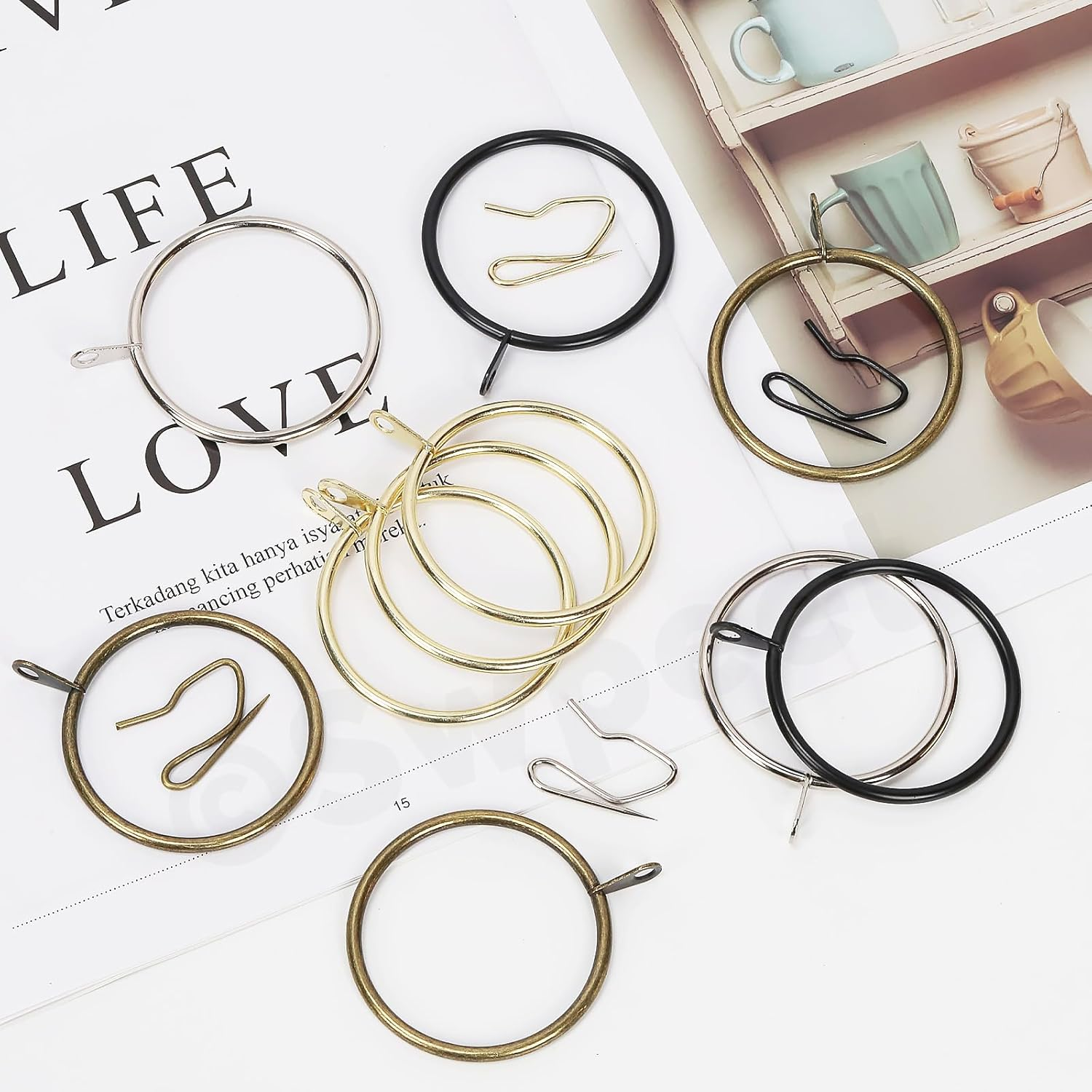 Swpeet 60Pcs 50Mm/2" Inner Diameter Black Metal Curtain Ring with Pin-On Drapery Hooks Assortment Kit, Drape Sliding Eyelet Ring Metal Curtain Hooks, for Window Door Shower Curtain image number 7