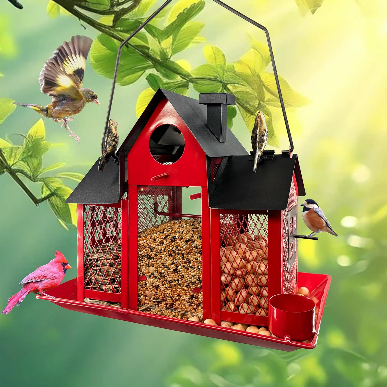 Bird Feeder Solar Bird Feeders House for outside Hanging, Metal Wild Bird Feeder for Outdoors, Large Capacity Birdhouse Bird Feeders (Cute House-Red) image number 3