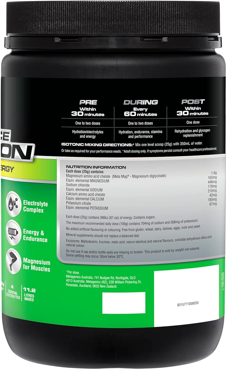 Endura Rehydration Electrolyte Powder - Performance Fuel - Lemon Lime Flavoured - 800G image number 1